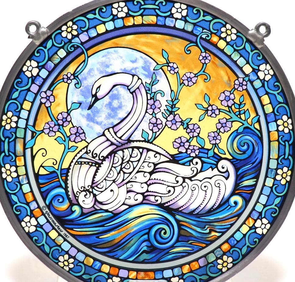 満月の湖に浮かぶ白鳥と花 ヴィンテージ ステンドグラス スワン 青