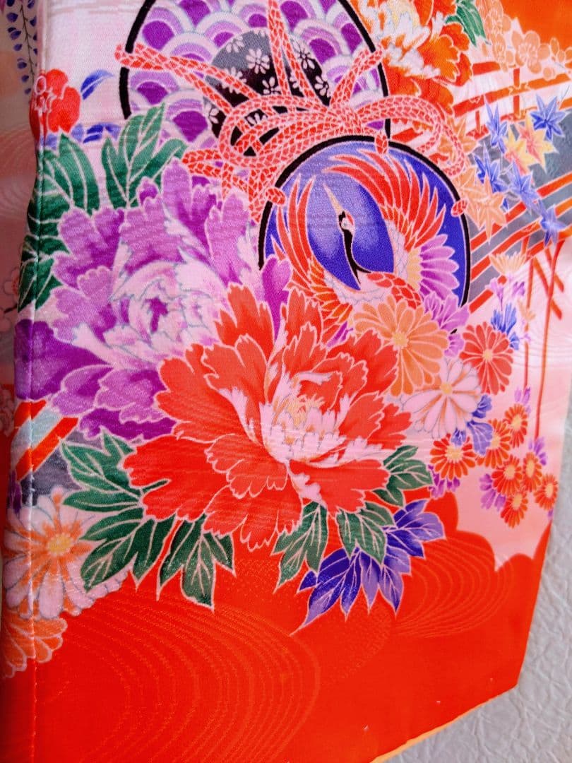 七五三オレンジの華やかな花柄着物 帯・帯締め・バック・草履・その他フルセット