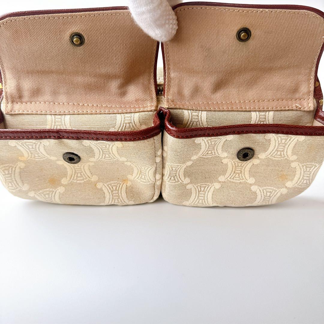 希少 セリーヌ マカダム ウエストバッグ ベージュ×ブラウン レザー×キャンバス