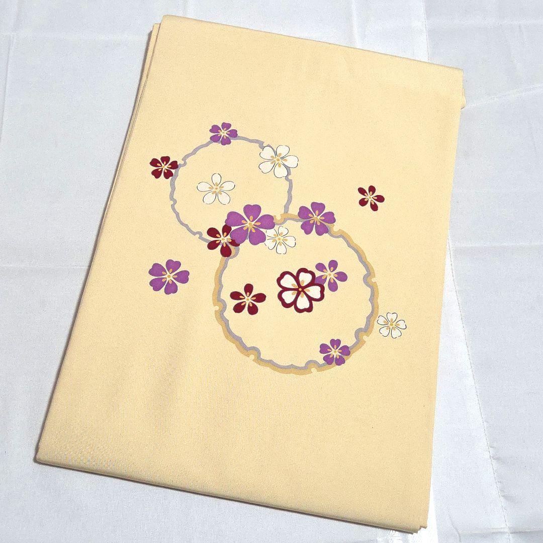 C5◆着物くつろぎ 美品 雪輪に桜 クリーム色 太鼓 正絹 カジュアルな名古屋帯