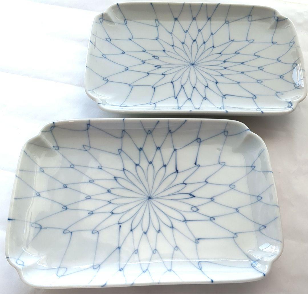 有田焼✨増山窯✨4枚❣️長皿 さんま皿 和食器 和柄 和皿 長方形 藍色 花網目