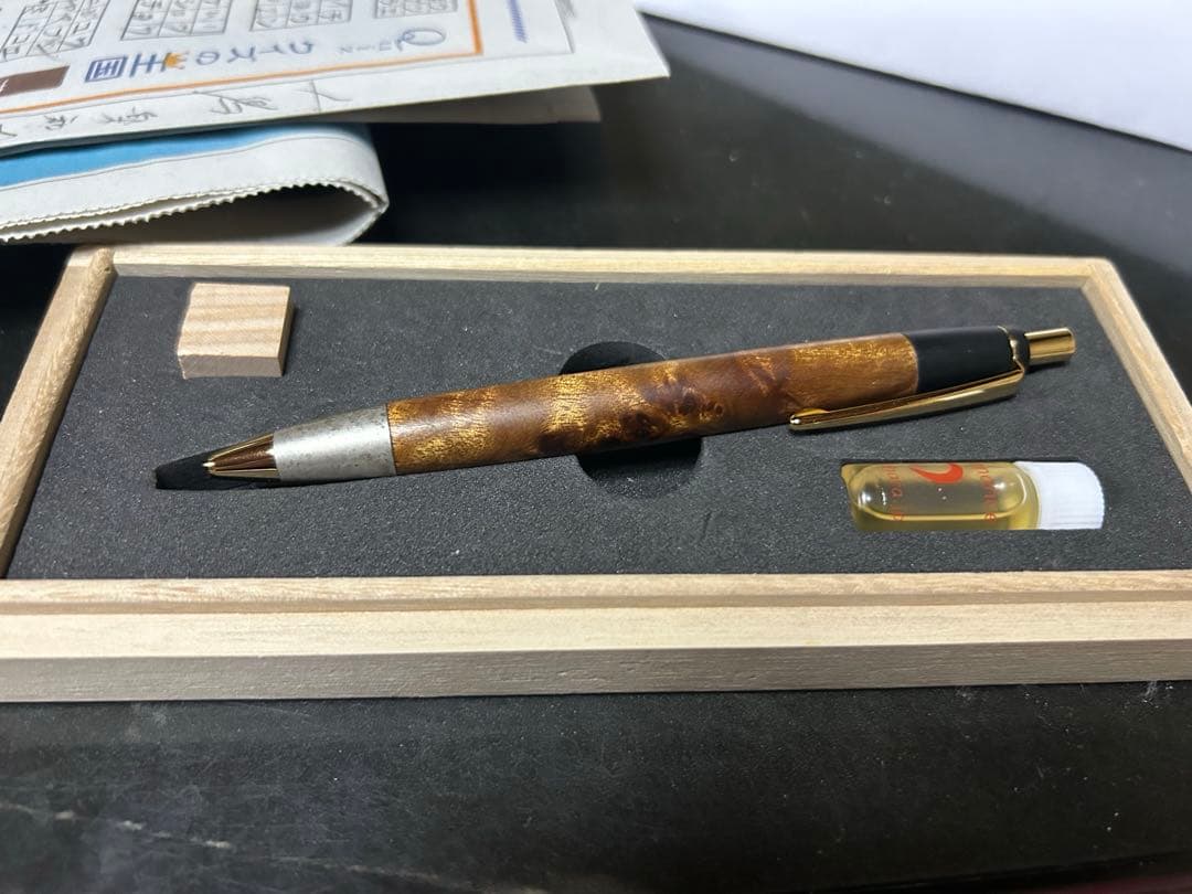 野原工芸 本店購入 マーブルウッド ボールペン 純銀斑紋金具付