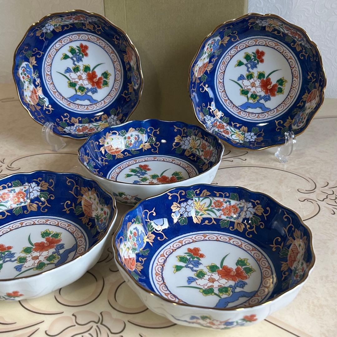 有田焼　仁窯　染錦花紋　中鉢揃　5枚セット　膾皿　金彩古伊万里　色絵　輪花鉢正月