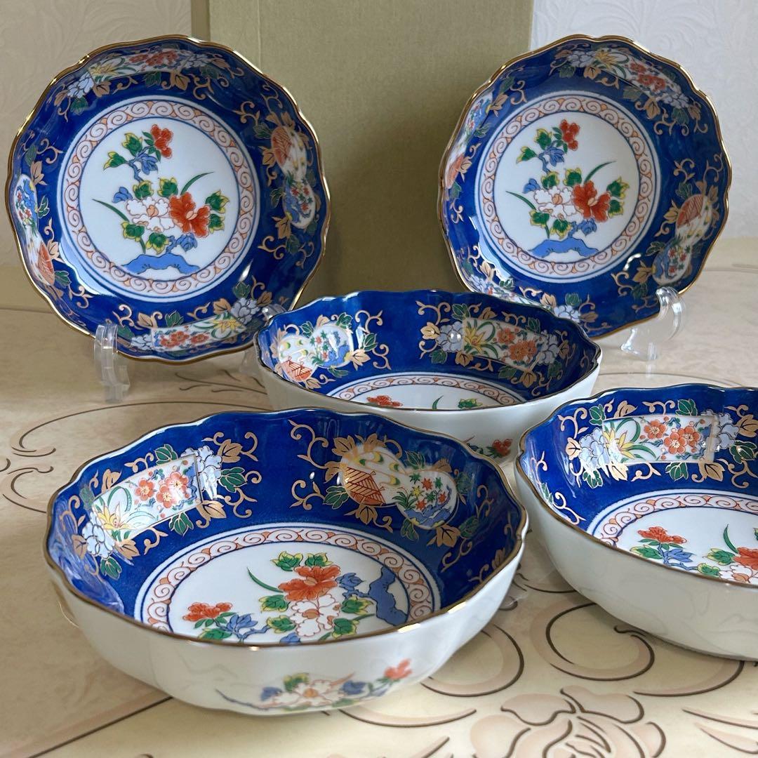 有田焼　仁窯　染錦花紋　中鉢揃　5枚セット　膾皿　金彩古伊万里　色絵　輪花鉢正月