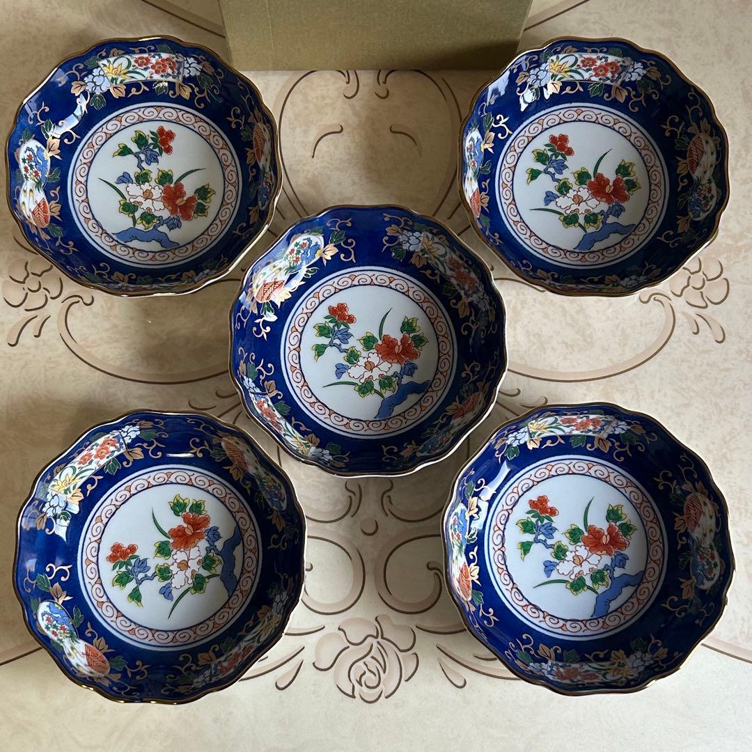 有田焼　仁窯　染錦花紋　中鉢揃　5枚セット　膾皿　金彩古伊万里　色絵　輪花鉢正月