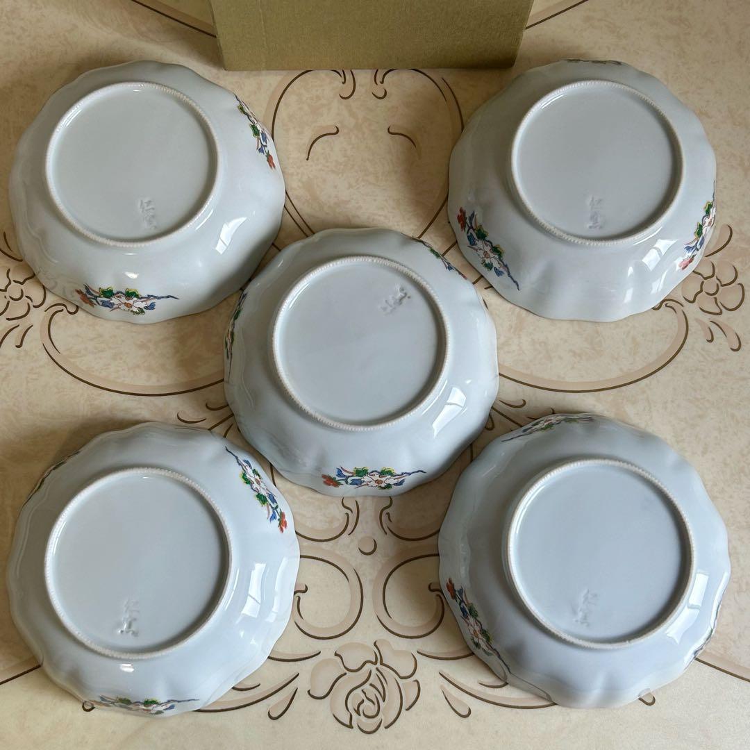 有田焼　仁窯　染錦花紋　中鉢揃　5枚セット　膾皿　金彩古伊万里　色絵　輪花鉢正月