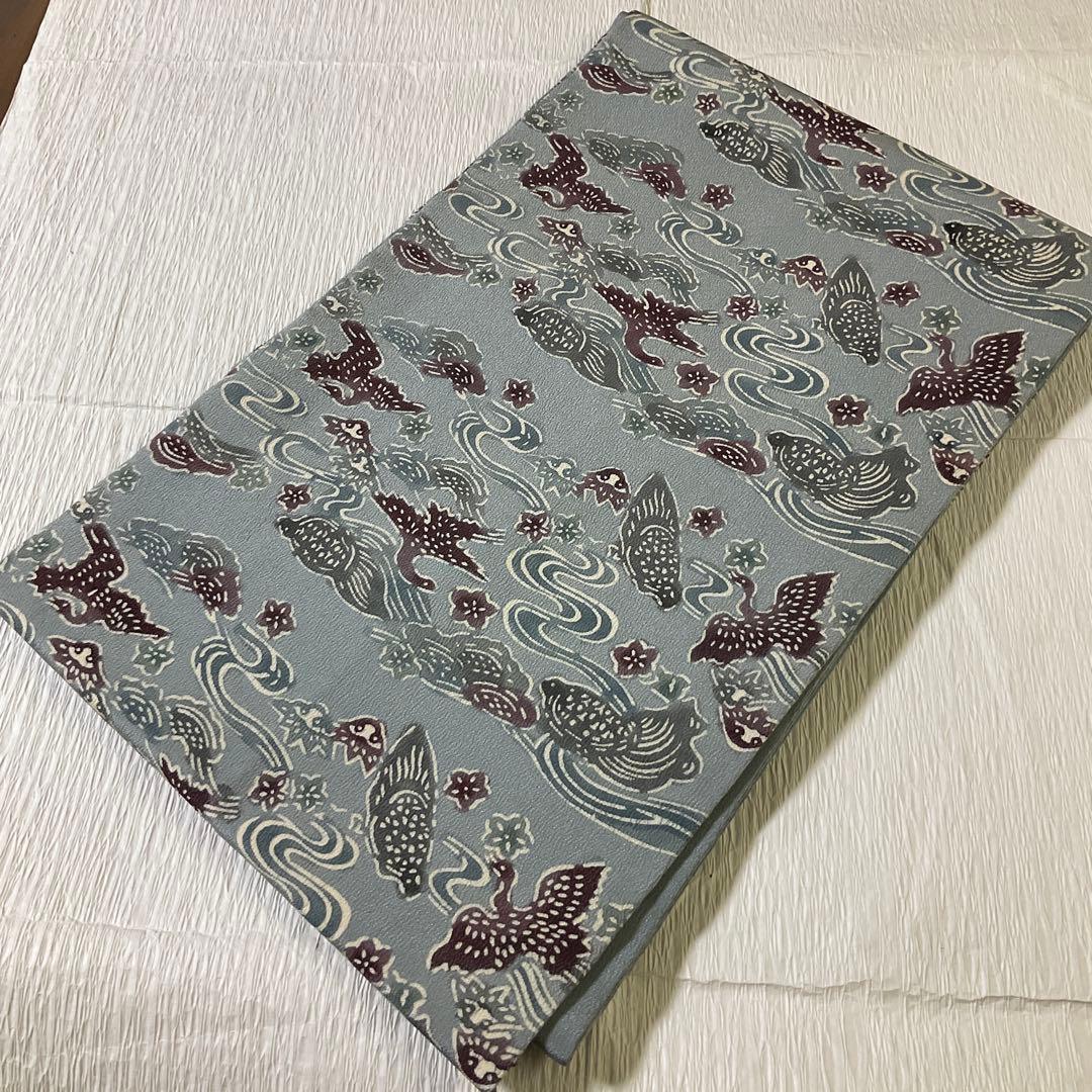 名古屋帯　縮緬　型染め　うすずみ色系　垂れ無地　亀　鶴？　流水　花