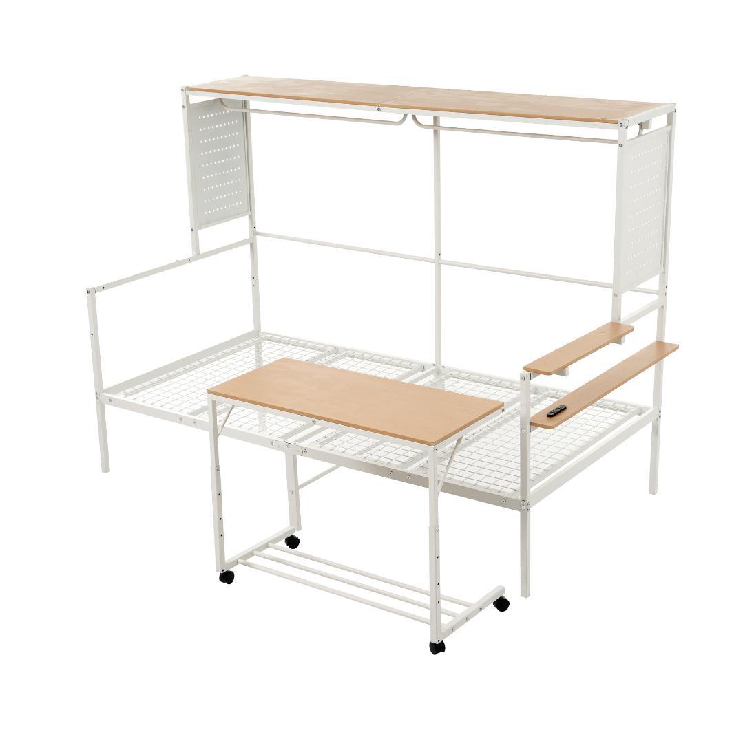 【新品】【ホワイト】ロフトベッド 北欧風木目 移動デスク付き 耐震 大人用