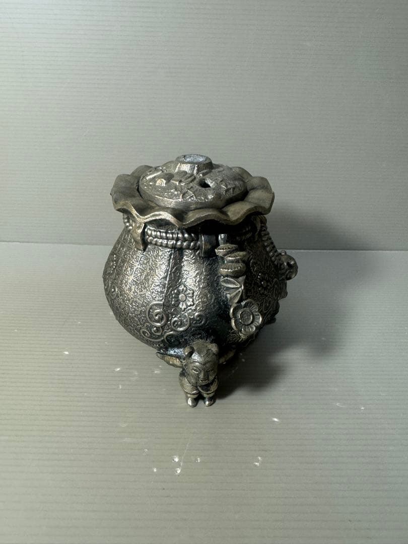 2588 高岡銅器 3足 香炉 寿 香立 風炉