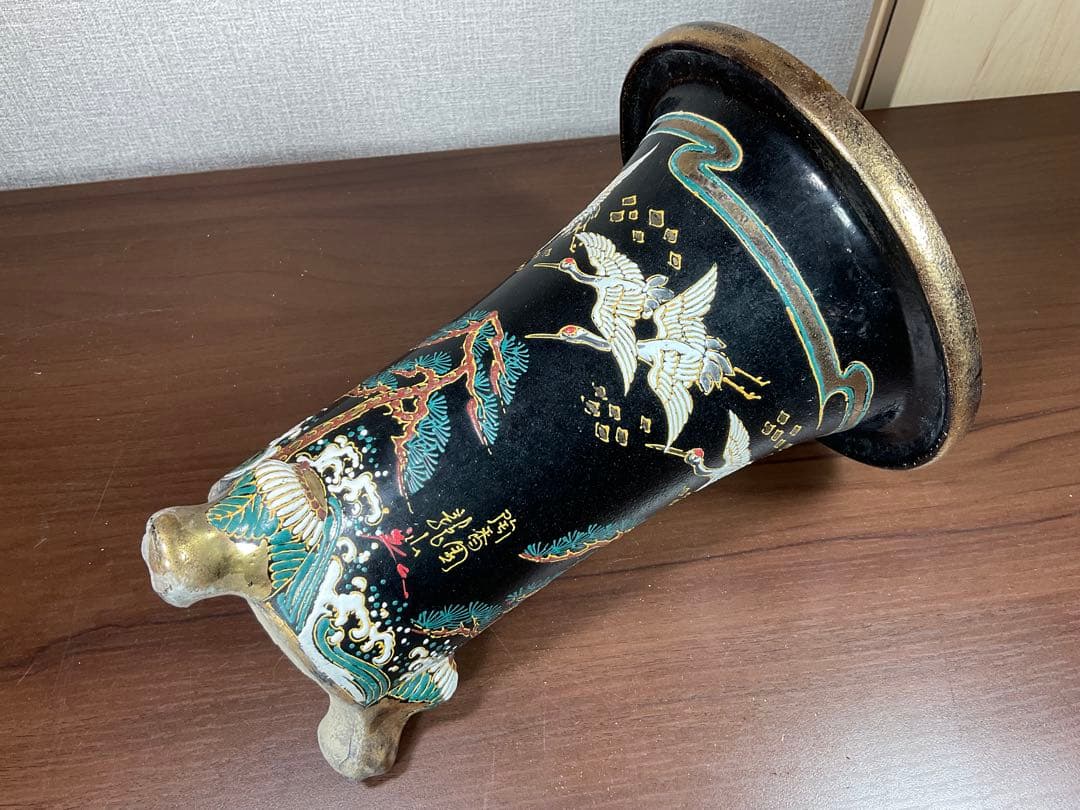 古い蘭鉢「陶香園 龍山在銘品」鶴絵付万年青鉢古美術品(植木鉢盆栽鉢蘭寒蘭旧家)