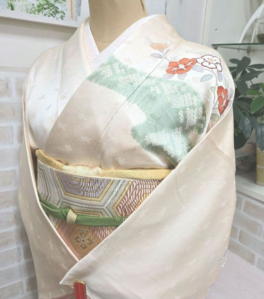 専用です【トールサイズ】クリーム色絞り訪問着と袋帯・帯揚げ帯締めの4点フルセット