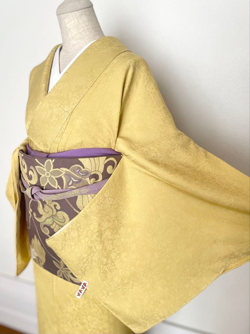 colon様リクエストしつけ付き 黄色色無地 正絹着物 長襦袢 雪輪帯セット