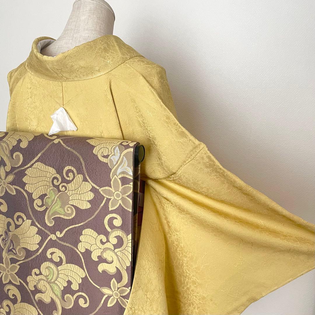 colon様リクエストしつけ付き 黄色色無地 正絹着物 長襦袢 雪輪帯セット