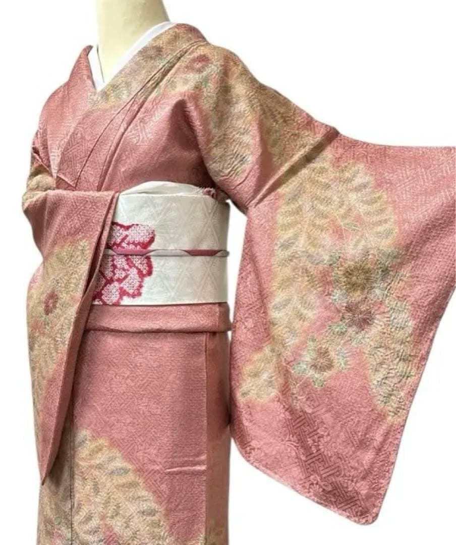 AA8愛華 着物 訪問着　絞り辻け花　曙色 正絹手縫い仕立て　美品