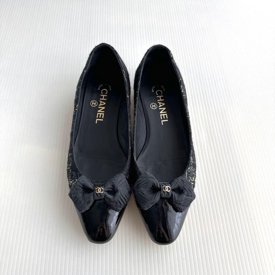 CHANEL シャネル　ココマーク　リボン　ツイード　フラットシューズ　パンプス