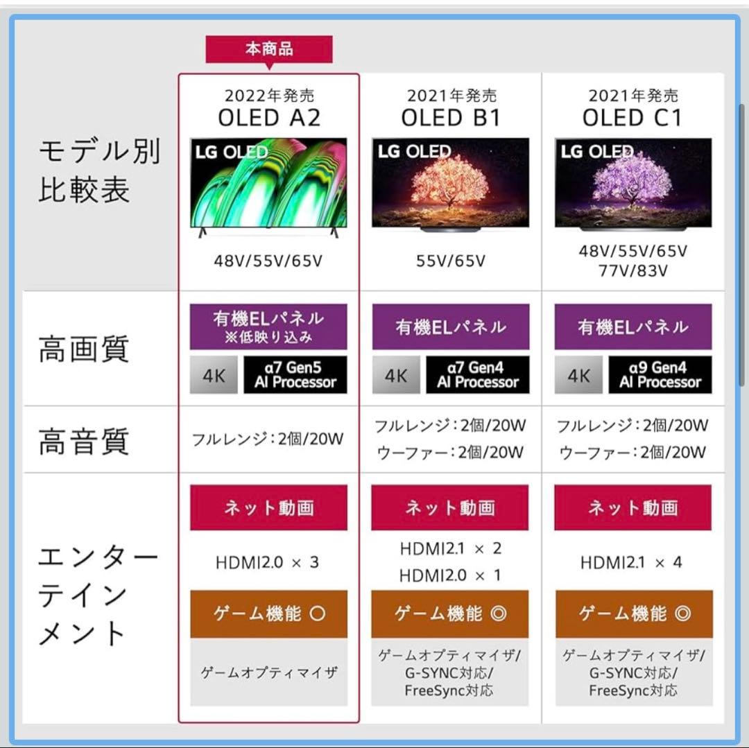 【動作確認済】LG有機EL48型 OLED48A2PJA 2022 年モデル