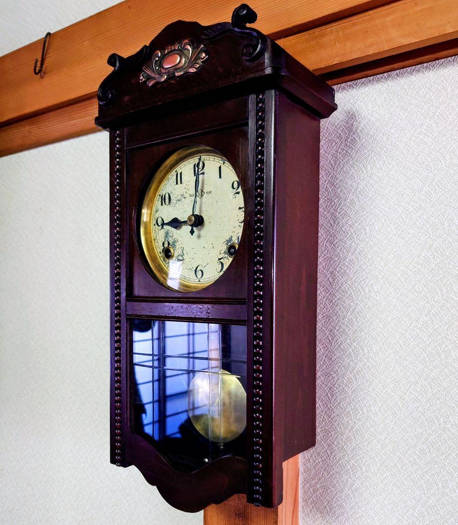 〈完動・美品〉今津菊次郎時計菱KI印　変り装飾ゼンマイ振り子時計