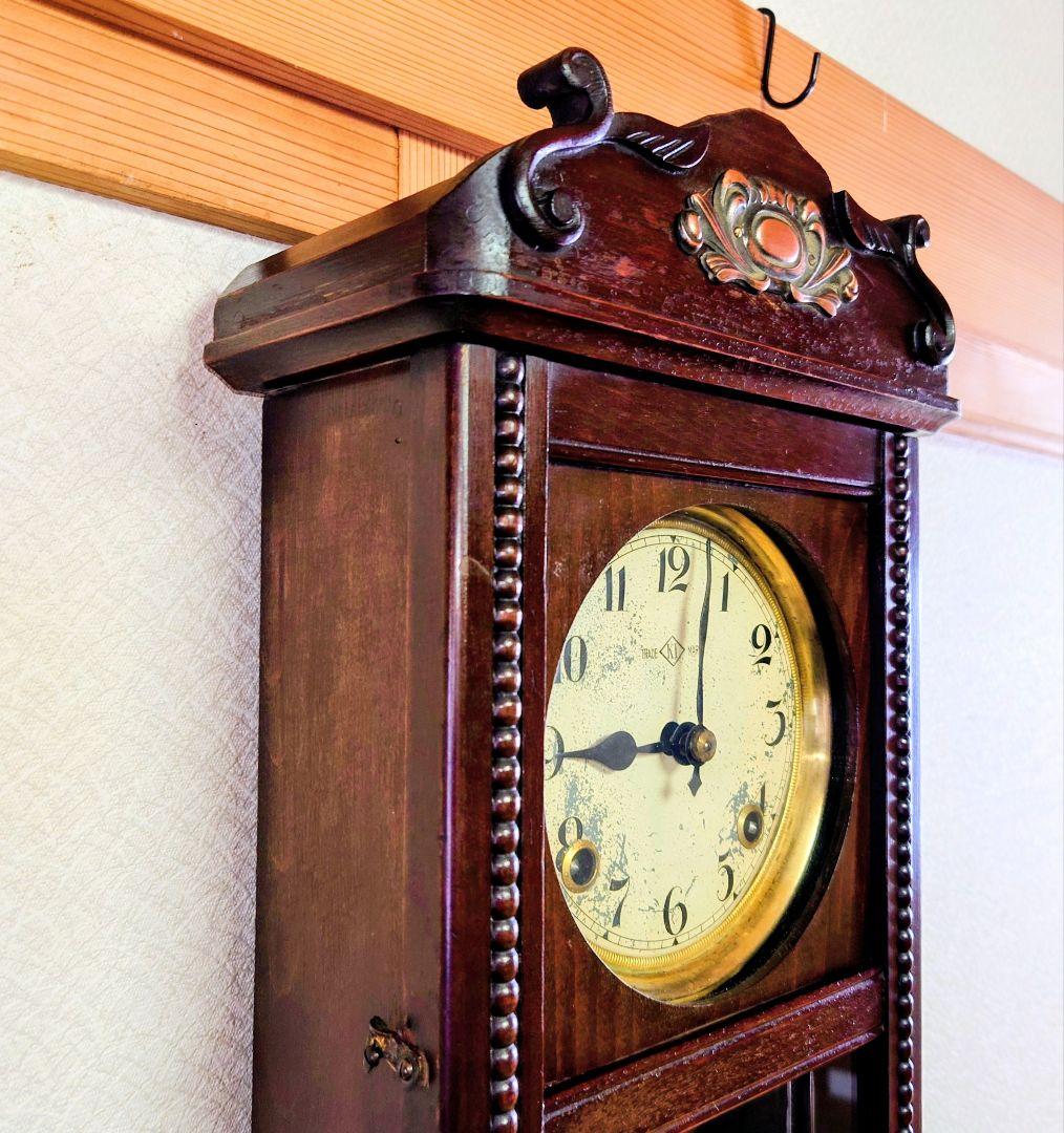 〈完動・美品〉今津菊次郎時計菱KI印　変り装飾ゼンマイ振り子時計