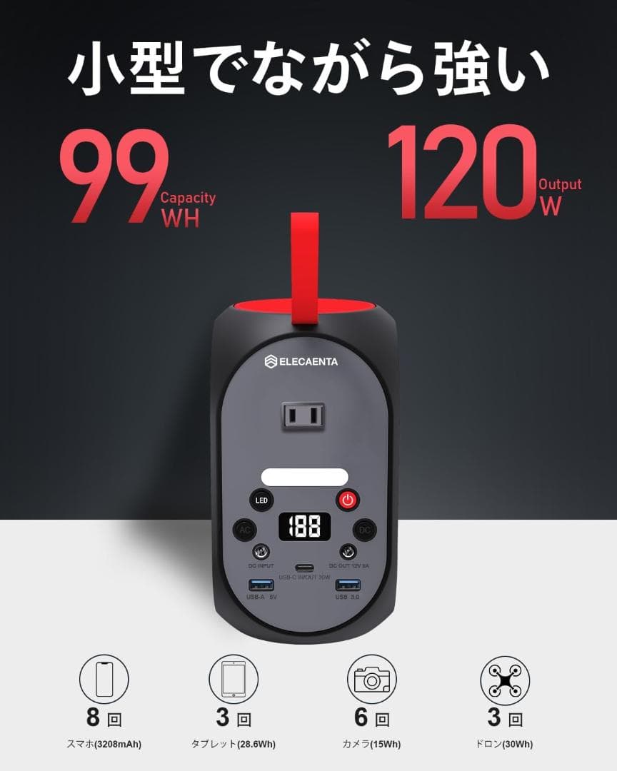 持ち運べる小型ポータブル電源♬定格120W 軽量1.5kg PD30W対応