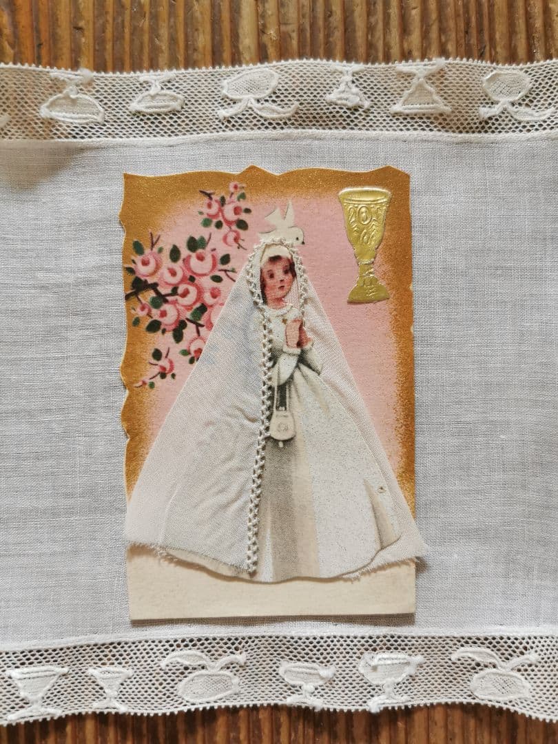 アンティーク ワイングラスモチーフ刺繍レース ＆初聖体式の少女の立体カードセット