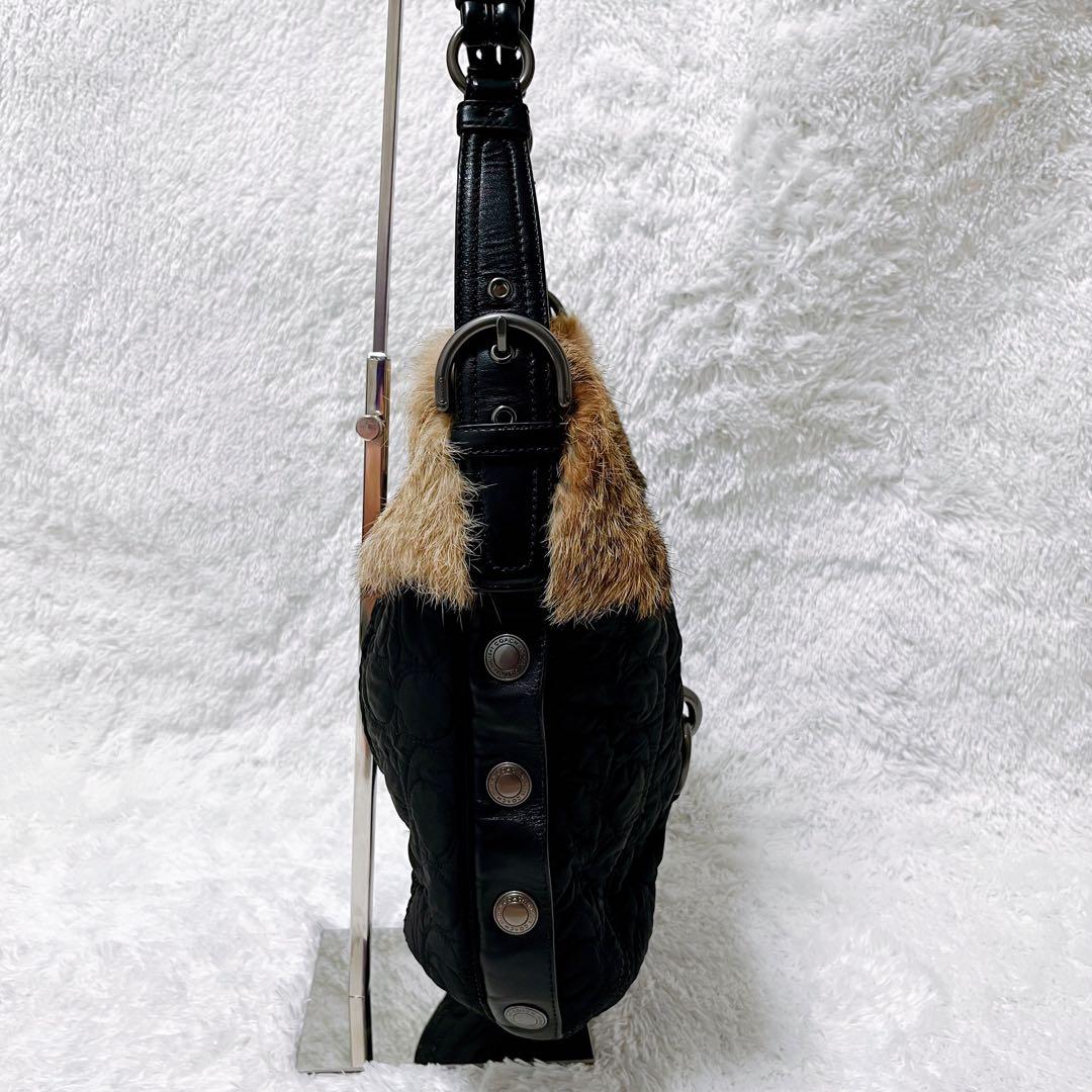 【ラビットファー】COACH レザー ハンドバッグ シグネチャー ナイロン 希少