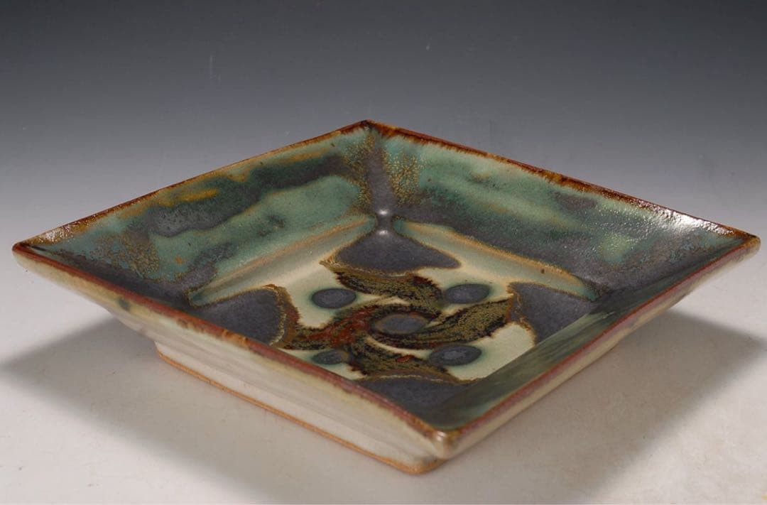 作家物 緑釉鉄絵角皿 検）島岡達三 陶器 陶芸 皿 角皿 民藝 民芸 骨董 壺