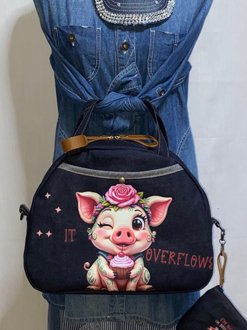 ☆岡山デニム☆ブタさん☆☆扇型☆リュック対応☆4wayボストンバッグ