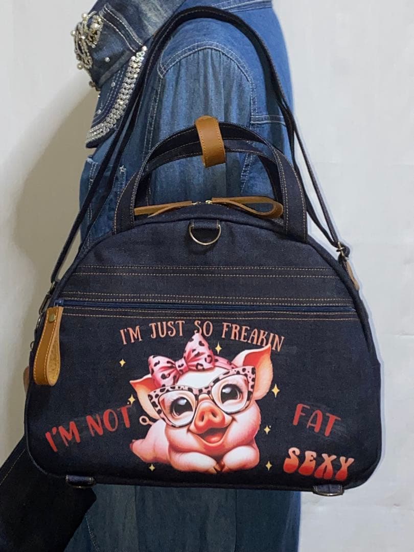 ☆岡山デニム☆ブタさん☆☆扇型☆リュック対応☆4wayボストンバッグ