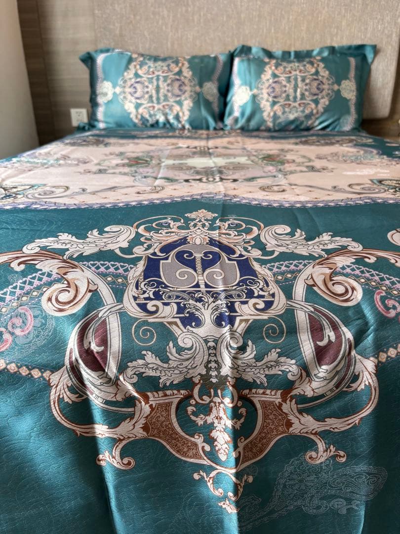 新品‼️高級シルク100% 草木染めターコイズ装飾ベッドカバー 4点セットダブル