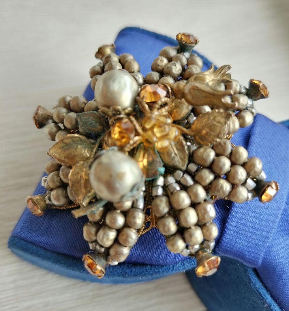 De Marioゴールドパール アンバー色ラインストーン 薔薇の蕾ブローチ 希少