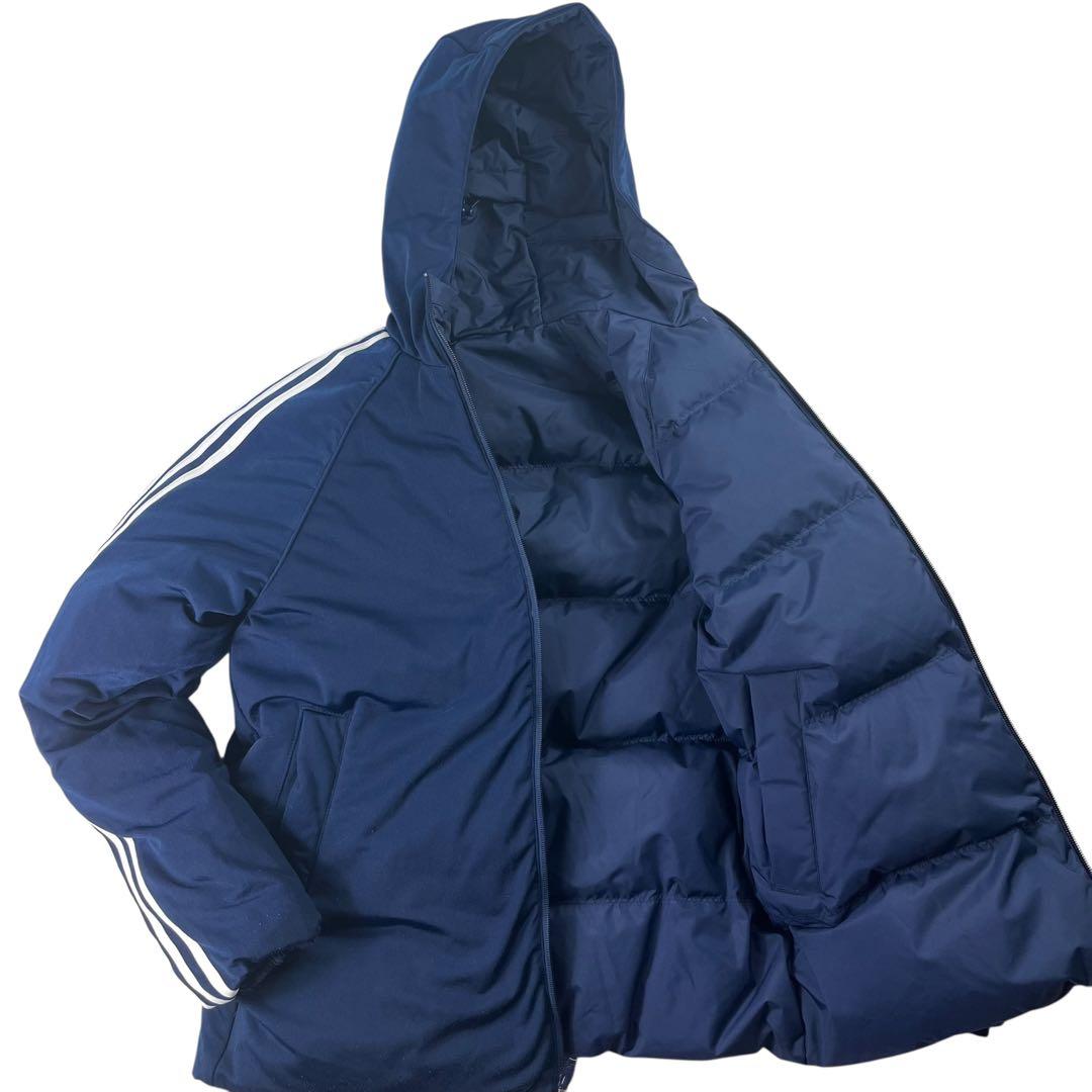 美品 adidas リバーシブル フードダウンジャケット 肉厚 ネイビー ロゴ