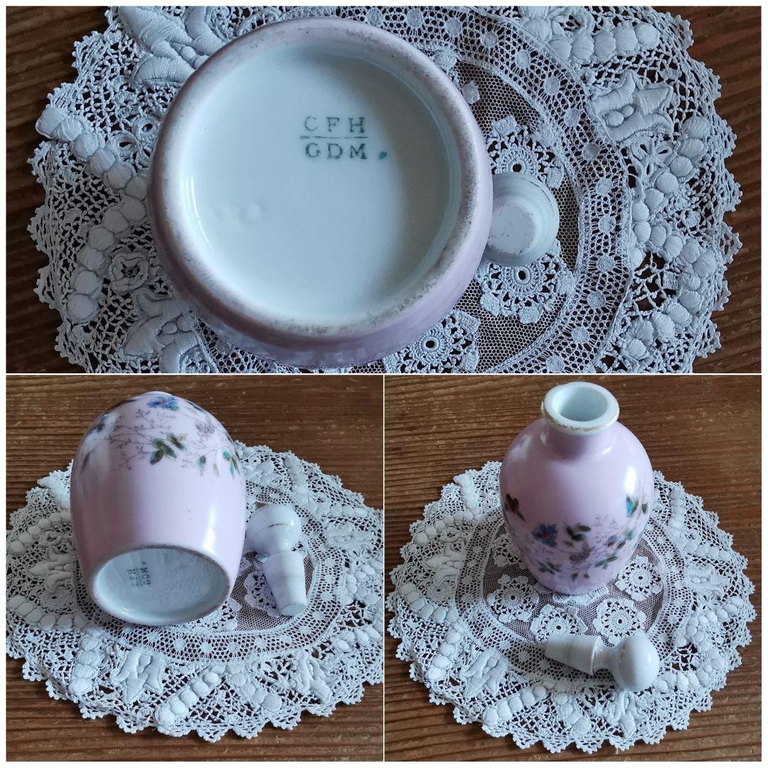 アンティーク リモージュ 手描き野草花瓶 オイル・パフュームボトル ペールピンク