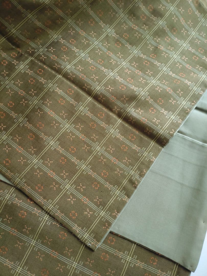 未使用 花織 袷紬着物 カーキ