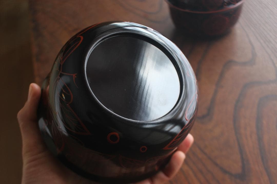 時代逸品！端正な爪朱黒漆に風情ある木芙蓉文の美しい吉野塗の四つ椀（検懐石道具京塗