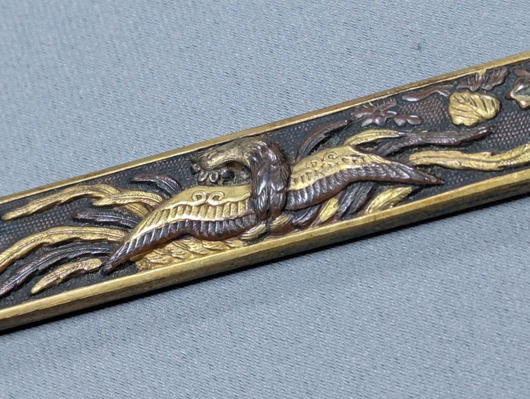 刀装具 小柄 柄袋 桐鳳凰図 象嵌 赤銅魚子地 骨董