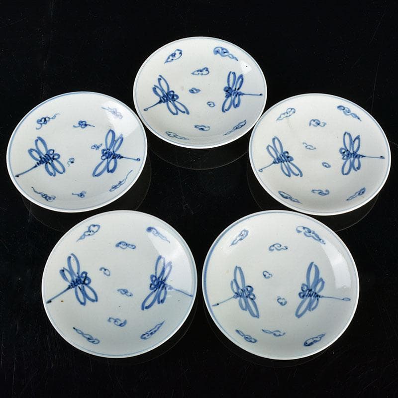 深川園　古染付写　蜻蛉文　五寸皿　十客　在銘　共箱　V　R4364