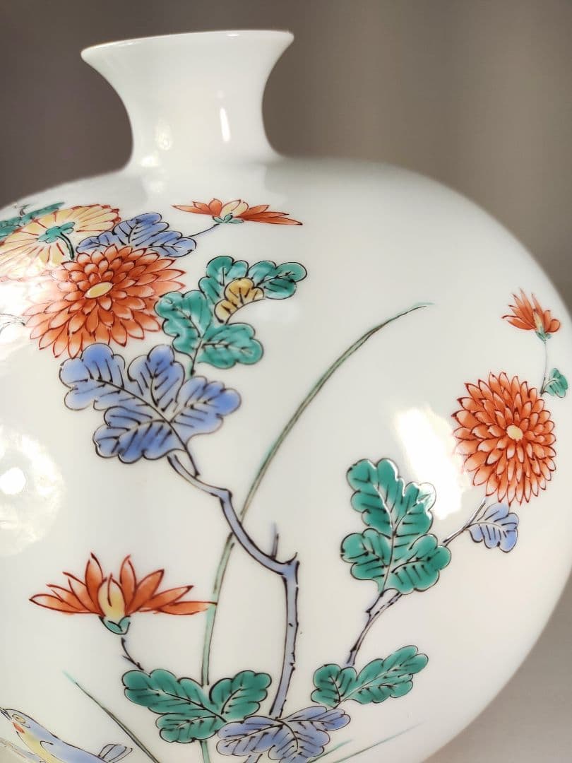 希少 重要無形文化財 中村清六作 有田焼 高麗庵清六窯 白磁錦絵 花鳥紋花瓶