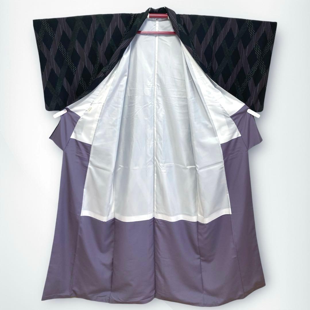 【美品✨】東レシルック　さんび　洗える着物　小紋　黒色　斜格子　大小あられ　H4