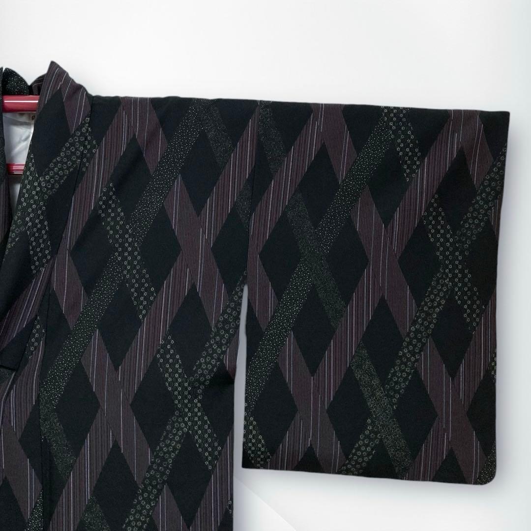 【美品✨】東レシルック　さんび　洗える着物　小紋　黒色　斜格子　大小あられ　H4