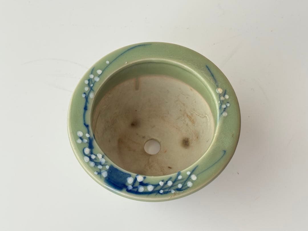 戦前 統制番号 未使用 瀬戸焼 古瀬戸 尾張焼 青磁 染付 植木鉢 盆栽鉢 梅図