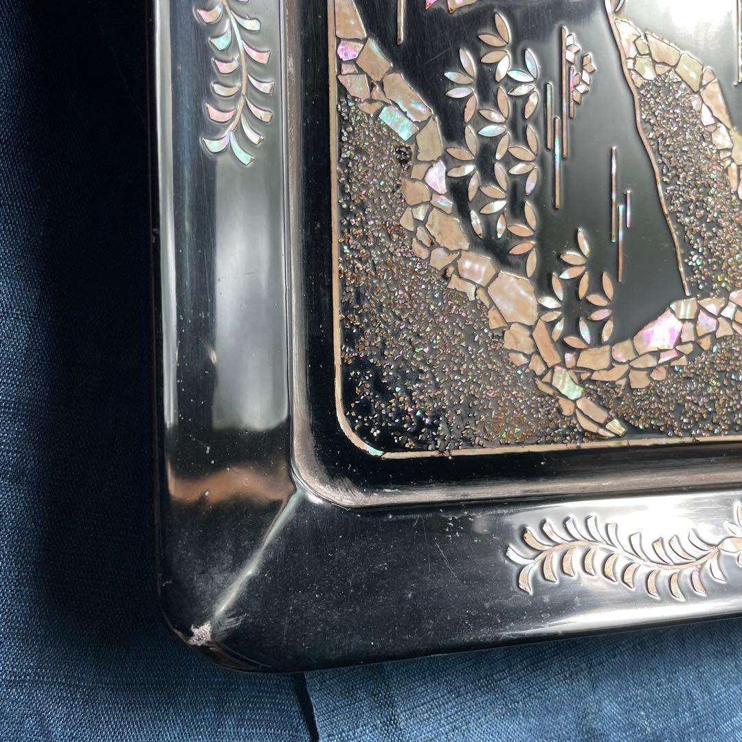 黒塗り盆 螺鈿 長方形 26㎝×35㎝ 漆器 盆 螺鈿細工 長方盆 木製 お盆