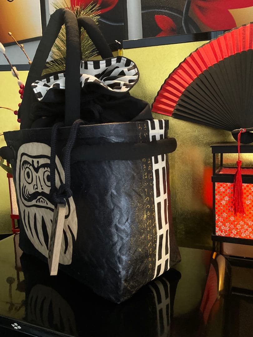 一閑張り　一閑張りバッグ　達磨　福達磨　和紙　大正　着物　縁起達磨　格子