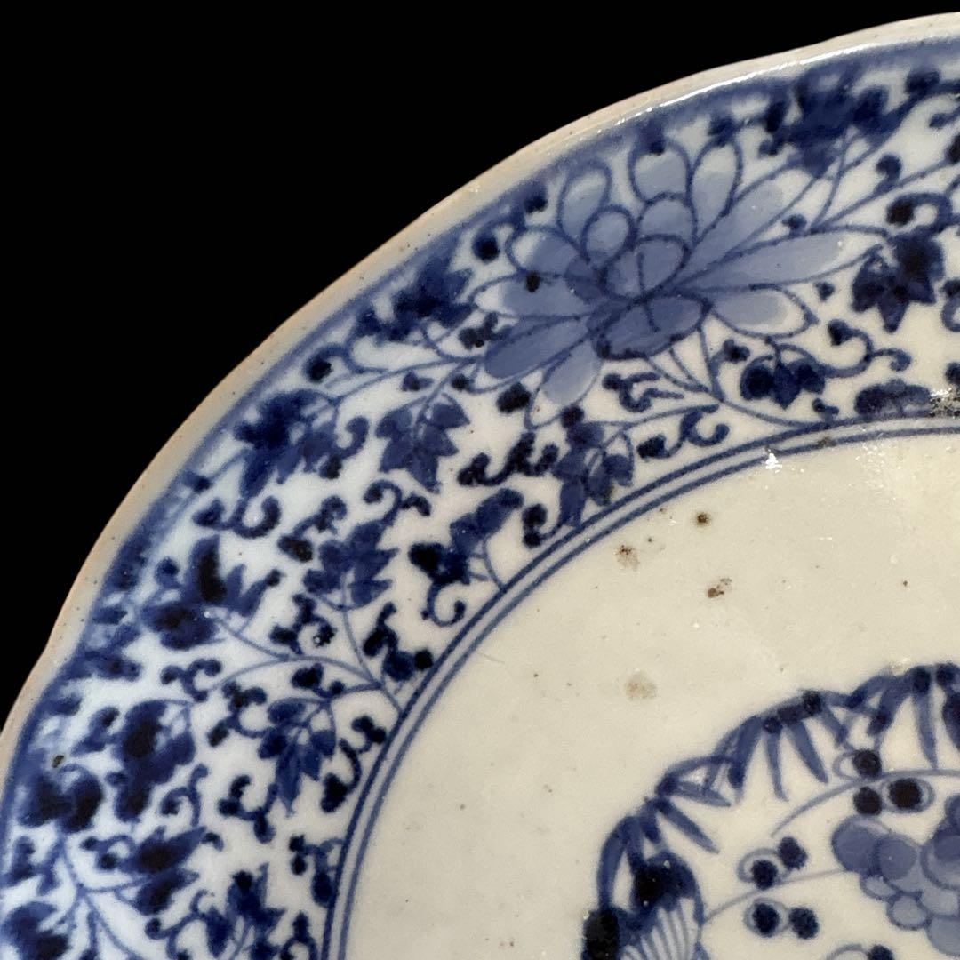 伊万里 有田 染付 印判 大皿 花唐草 見返し唐草 見込花丸 牡丹菊 二重圏線