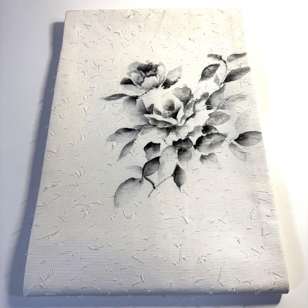 6k104 名古屋帯　絹　髭紬　白　黒　花柄　和装　着物