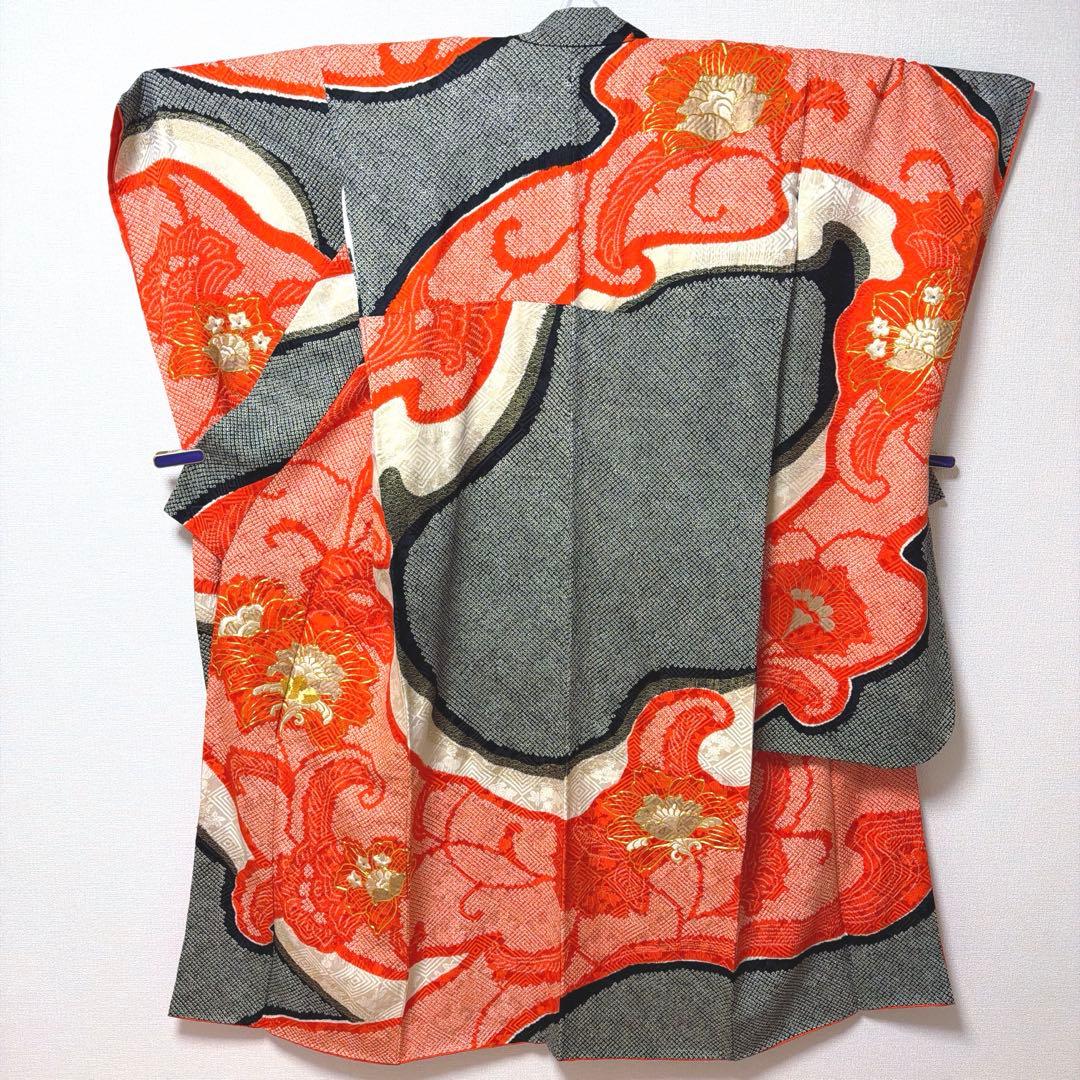 21 振袖フルセット 正絹 朱赤 黒 金彩 絞り 駒刺繍 レトロ アンティーク