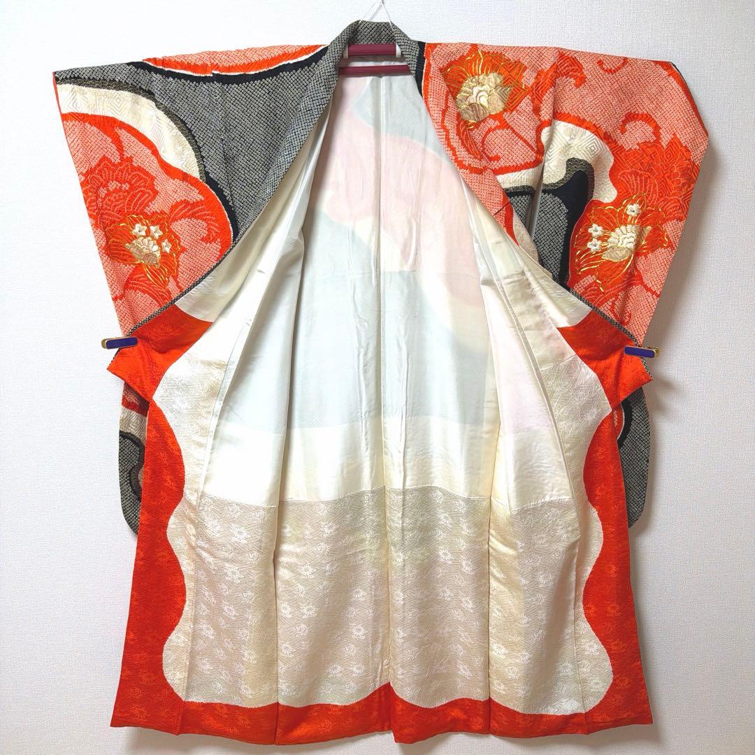 21 振袖フルセット 正絹 朱赤 黒 金彩 絞り 駒刺繍 レトロ アンティーク