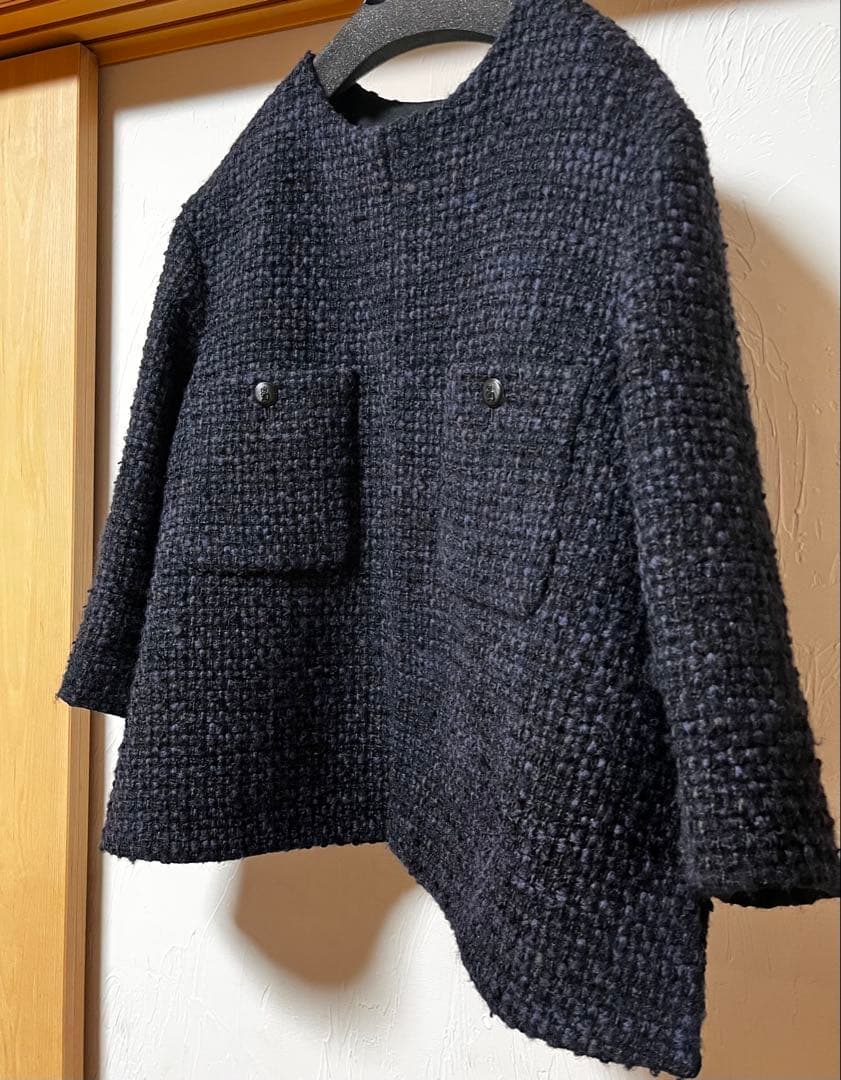 超美品ADORE 黒紺 ノーカラーツイードジャケット7-8部袖 大草直子コラボ