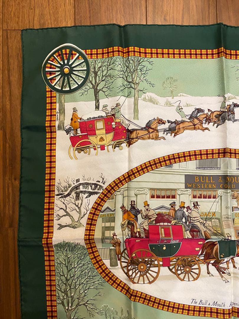 エルメス HERMES 馬車風景のハンカチ 緑 約88cm x 88cm