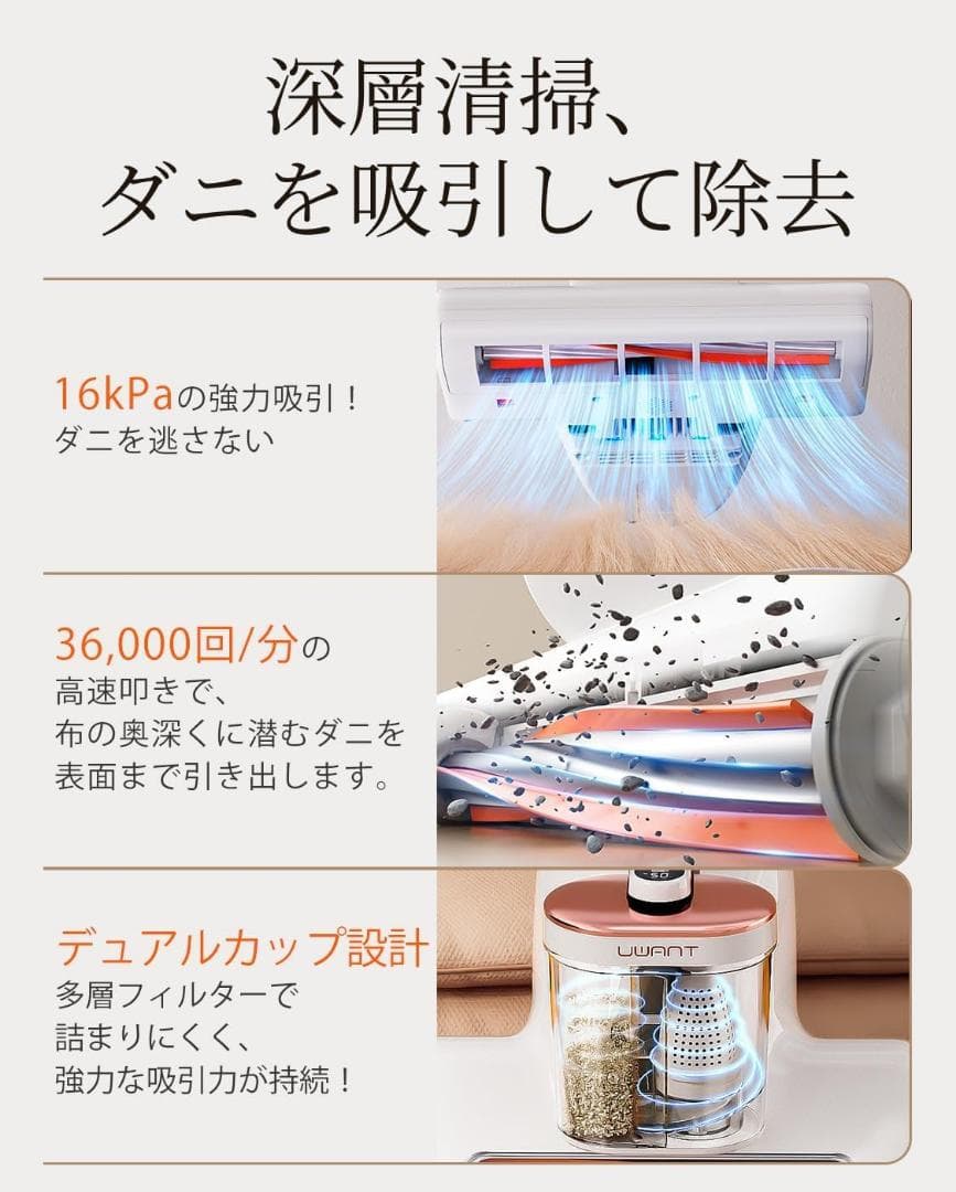 布団クリーナー16Kpa 強力吸引力450W UV除菌LED紫外線ライト 掃除機