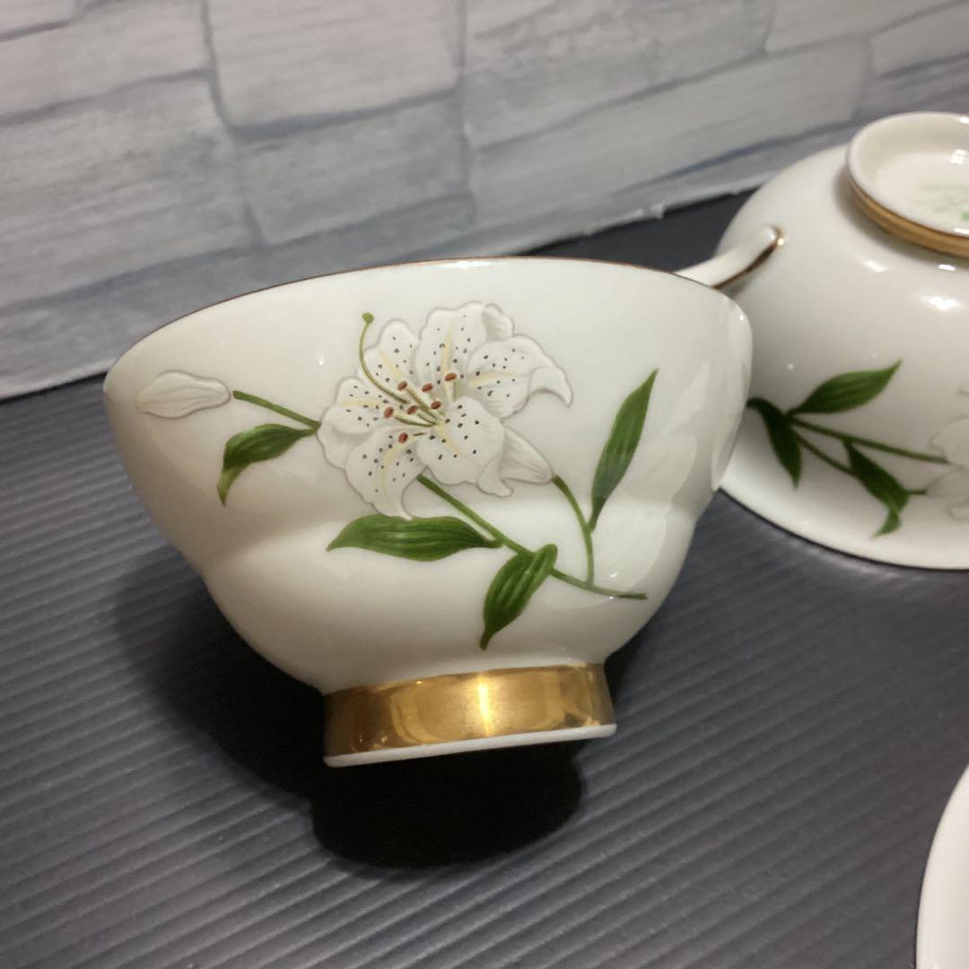 深川製磁　君島一郎　白百合、百合、カップ&ソーサー 、湯呑み茶碗&茶托　小皿